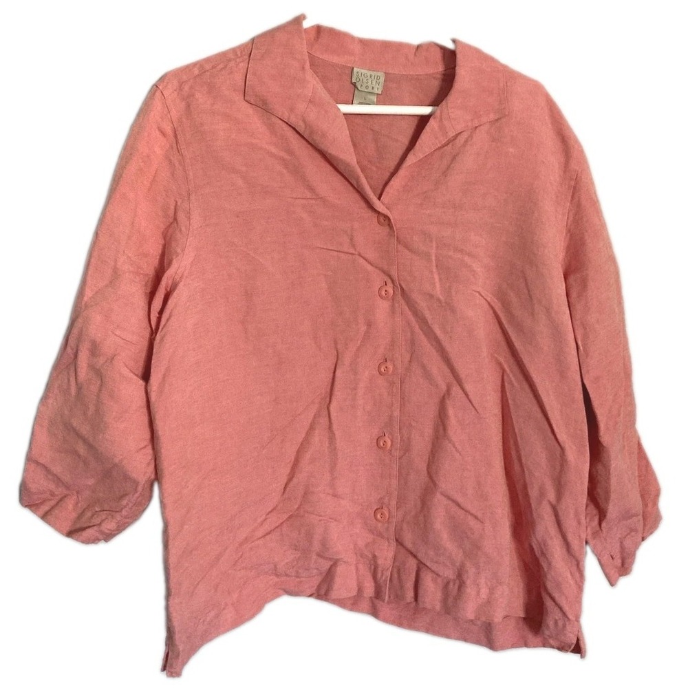 Sigrid Olsen Sport Shirt Women L Pink Linen Rayon Button Front 3/4 Sleeve Top